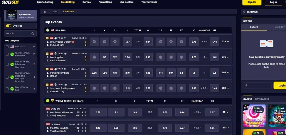 SlotsGem sportsbook — matcher och odds